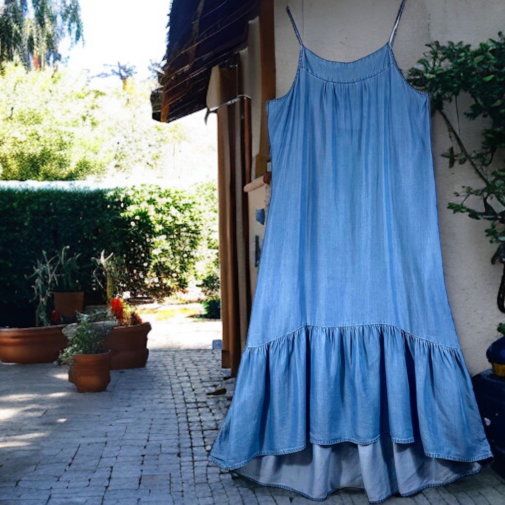 MANGO Chambray Midi Dress XS Tencel Asymmetric Ruffle Hem Sundress Coastal Beach